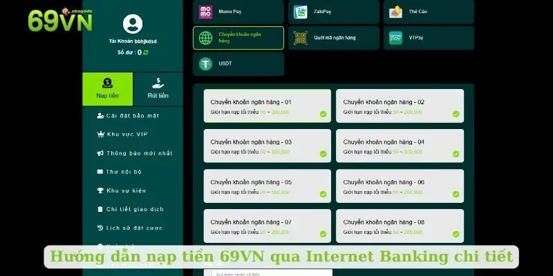 Hướng dẫn nạp tiền 69VN qua Internet Banking chi tiết